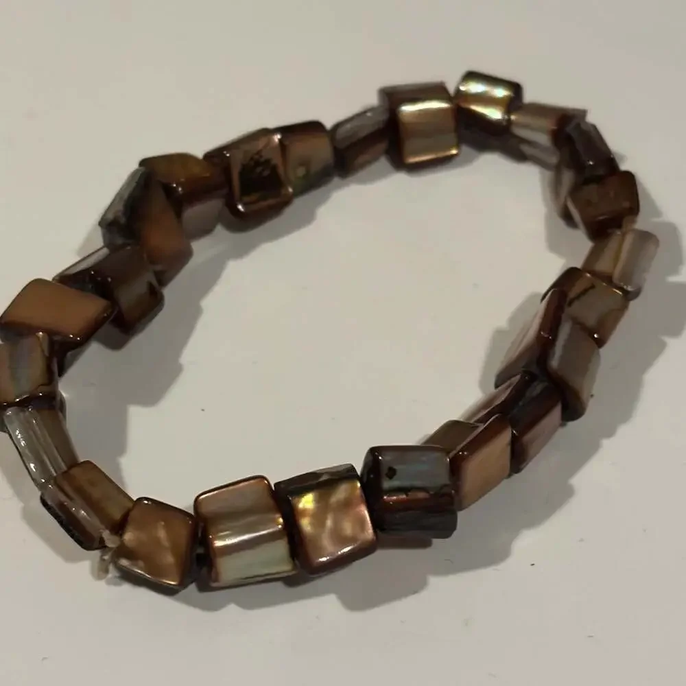Brown Shell Square iridescent Beaded Stretch Bracelet